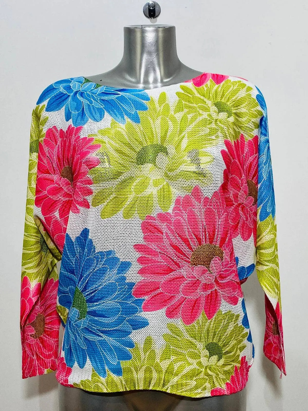 White Multi Floral Round Knit Sweater