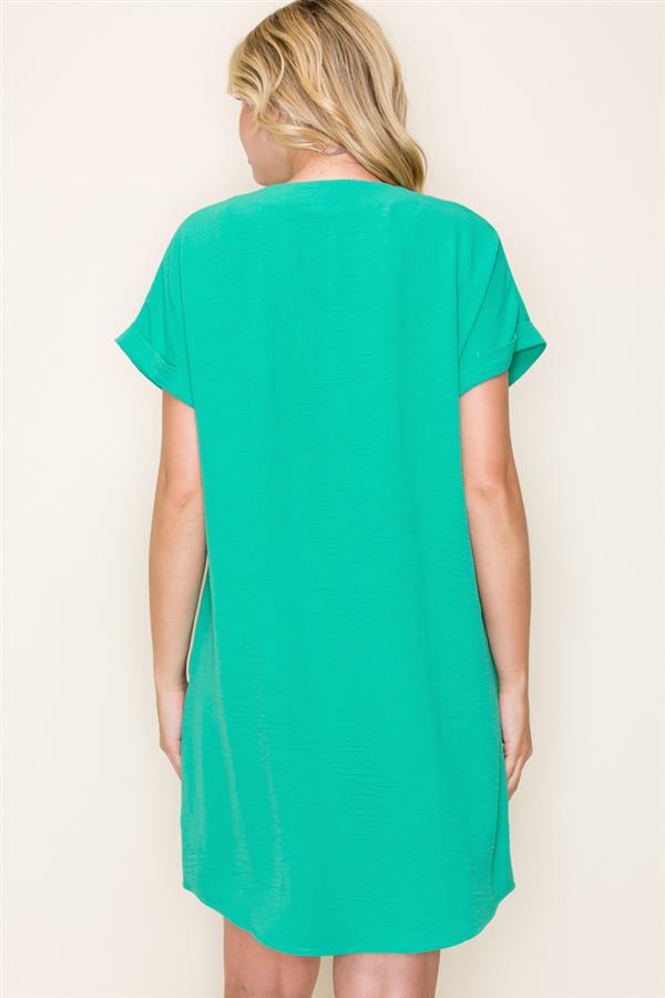 V Neck Pleated Center Short Sleeve Dress