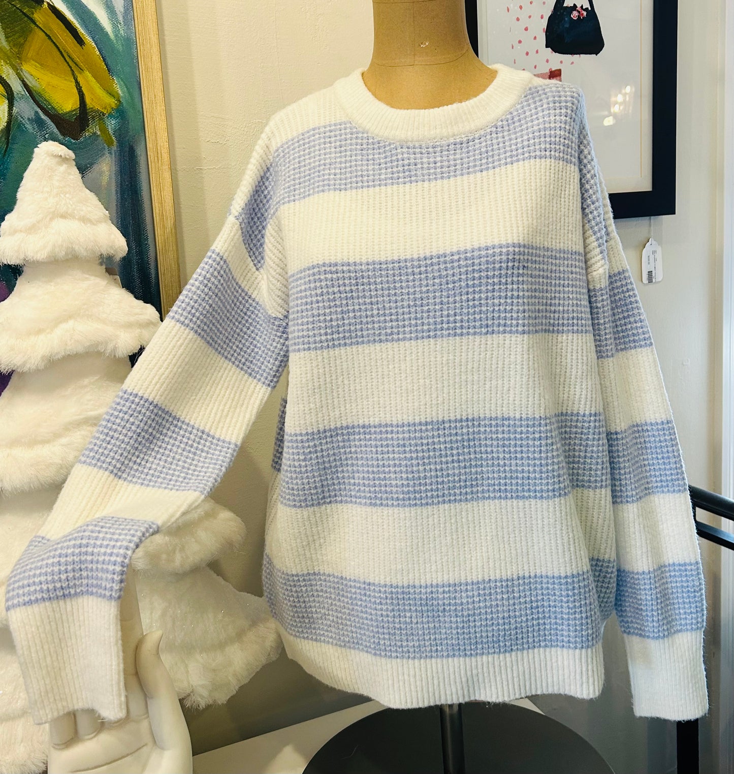Powder Blue Stripe Crewneck Pullover Sweater 54841