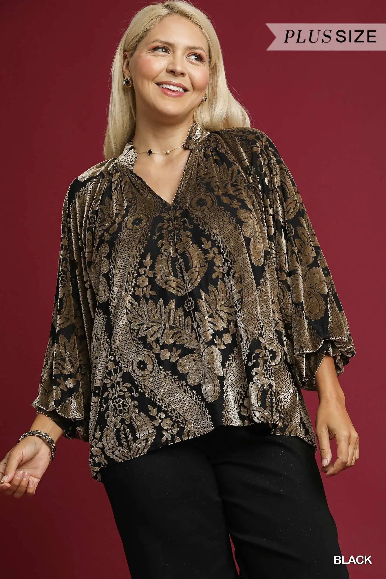 Plus Size Long Sleeve Black and Gold Burnout Blouse