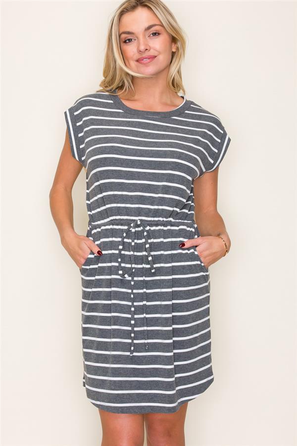Dress w/ drawstring waist stripes