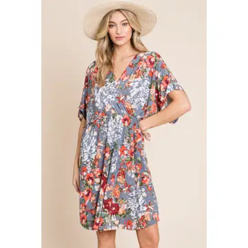 Flower Wrap V-Neck Midi Dress