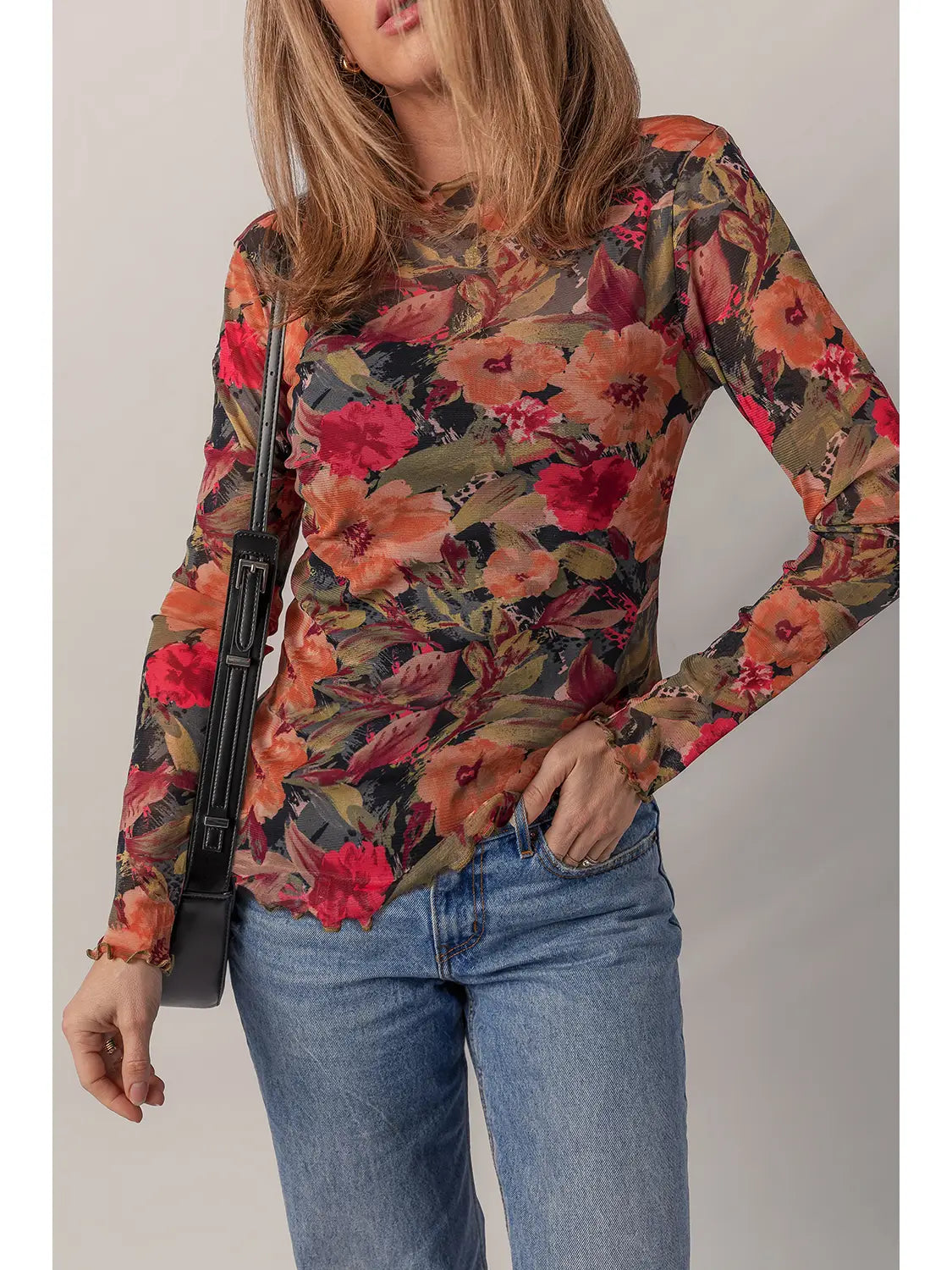 Floral Print Long Sleeve Mesh Top