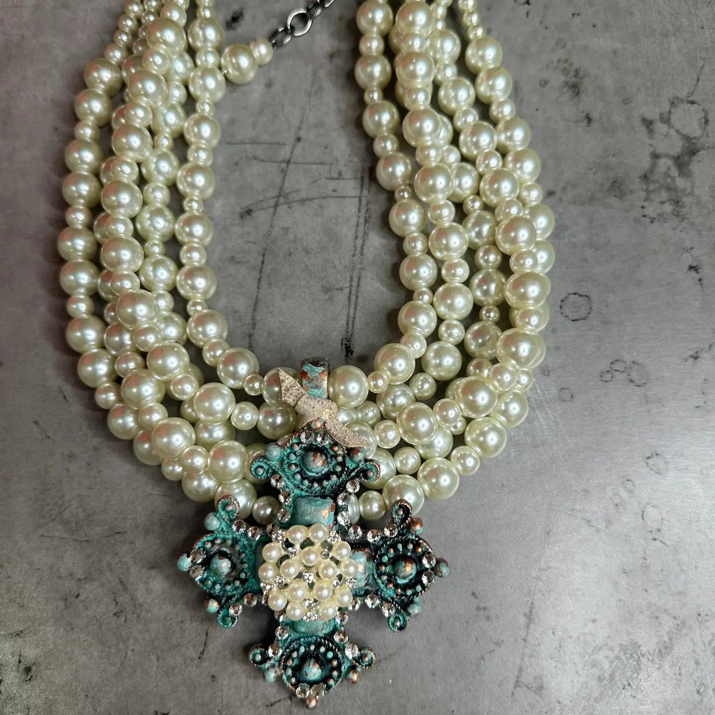 5 Strand Pearl and Turquoise Cross Necklace