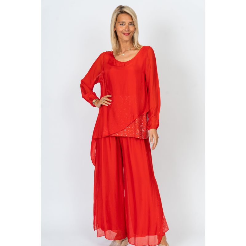 Slik Blouse & Pant Set w/Slit Open Sequins Details