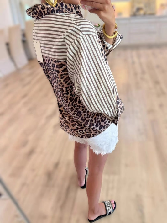 Leopard & Striped Patchwork Blouse