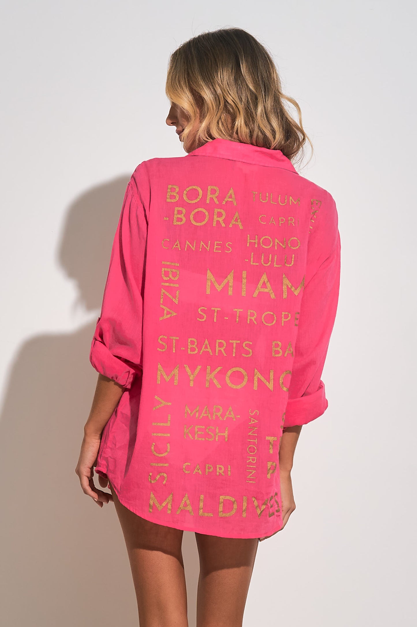 White Button Down Shirt Gold Lettering on back