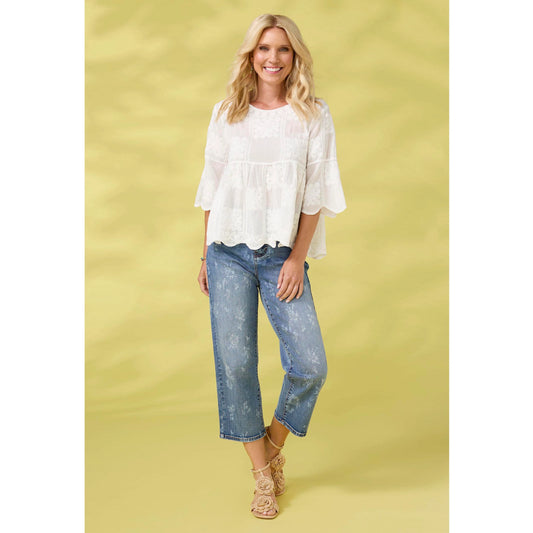 Elyse 3/4 sleeve Embroidered Babydoll Top White