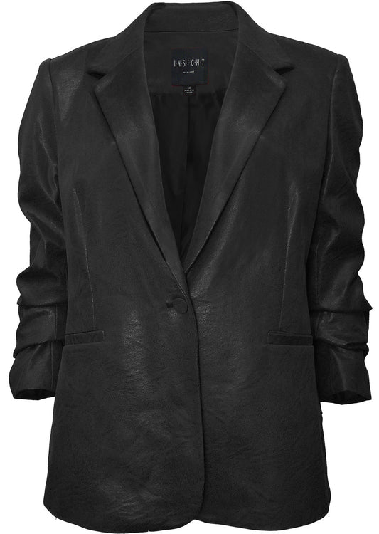 Ruched Sleeve Vegan Leather Blazer