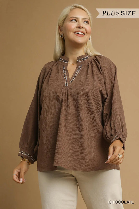 Plus Size Chocolate Long Sleeve Blouse with Trim