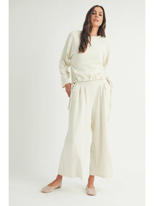 Long sleeve double tie top w/ pleated wide leg pant 52078