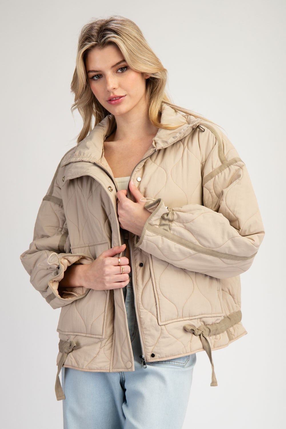 Quilted Long Sleeve Jacket in Tan JH12096