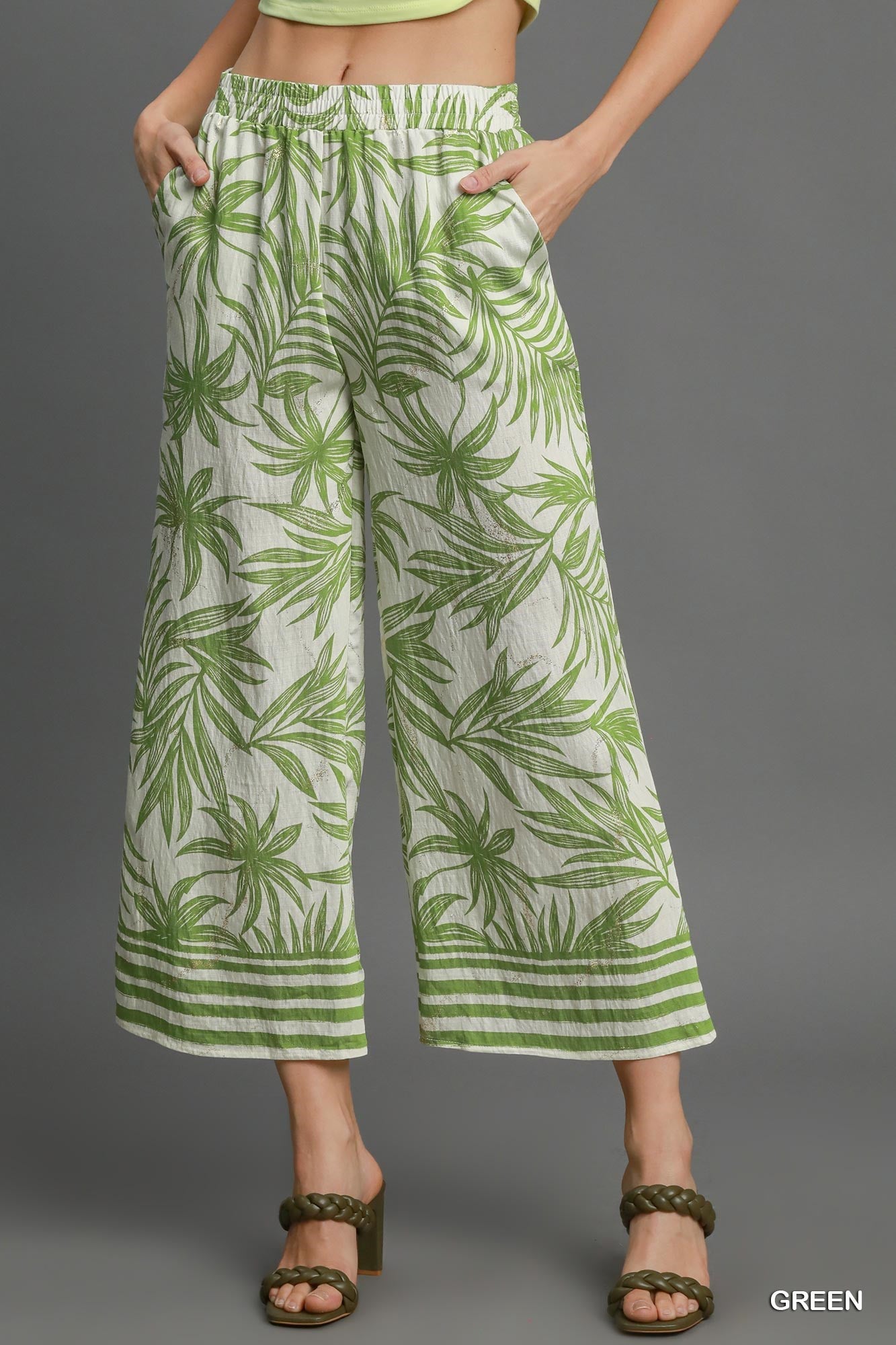 Green Tropical Print Wide Leg Pants