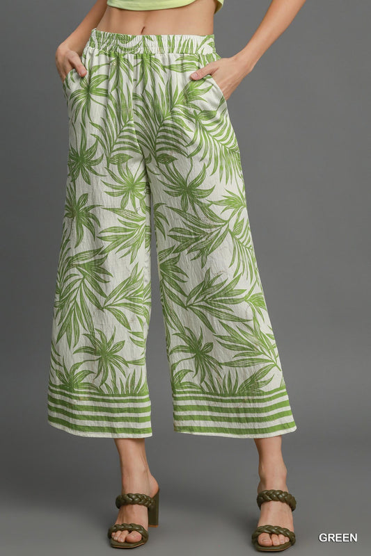Green Tropical Print Wide Leg Pants