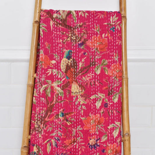 Kantha Throw Hot Pink Birds