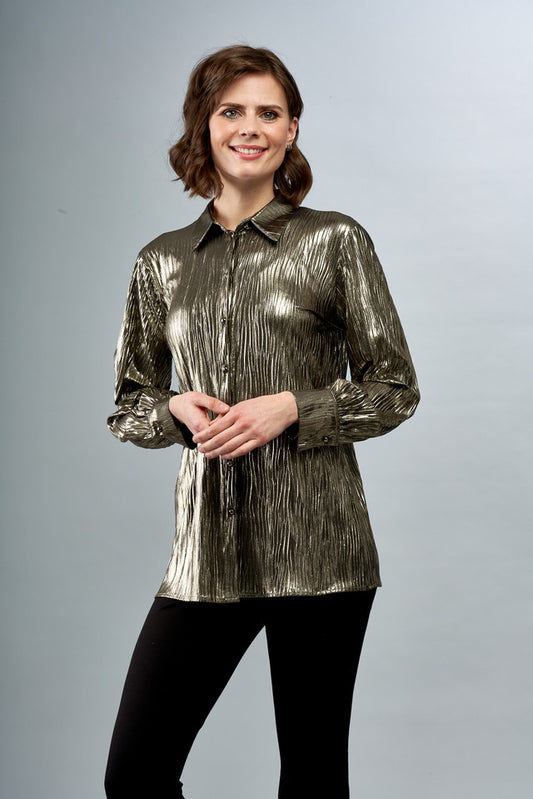 Crinkle Gold Lame Button Down Blouse BCT1826A