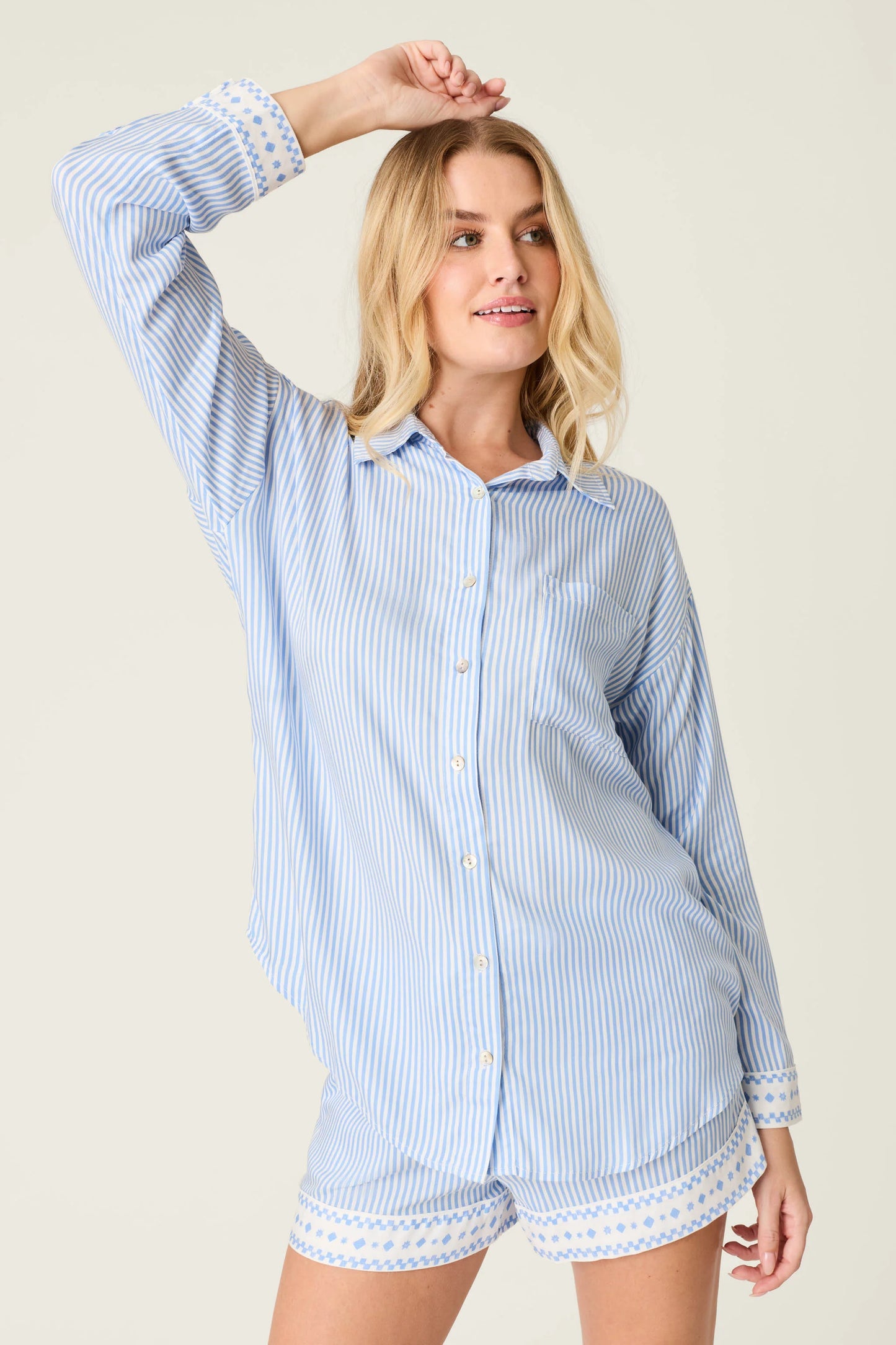 Striped Long Sleeve Button Up Top w/Shorts pajama set