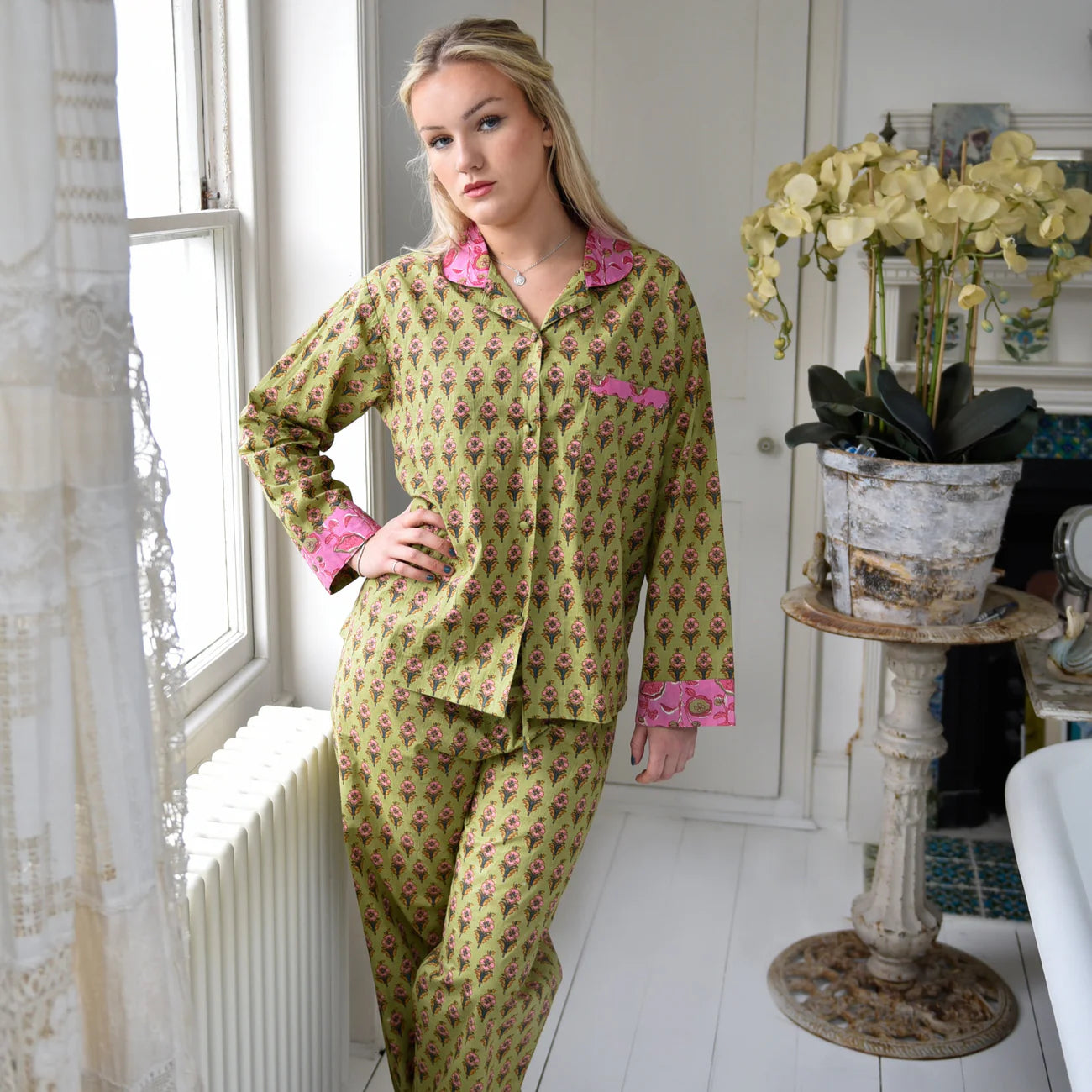Lime Green Small Block w/Pink Floral Trim Pajamas