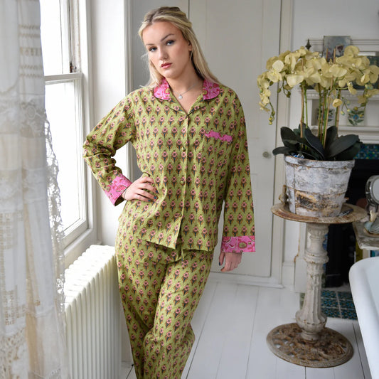 Lime Green Small Block w/Pink Floral Trim Pajamas