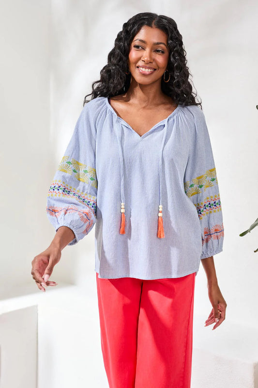 Embroidered Balloon Sleeve Tassel Tie Notch Neck Blouse