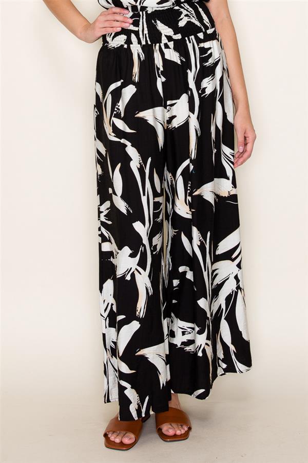 Print Smocked Waist Pant Black/White Wide leg