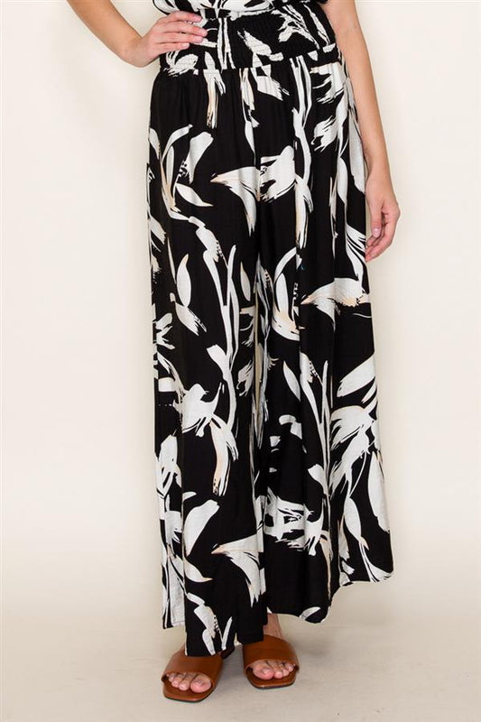 Print Smocked Waist Pant Black/White Wide leg