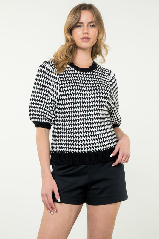 Black & White Short Sleeve Knit Top WK019
