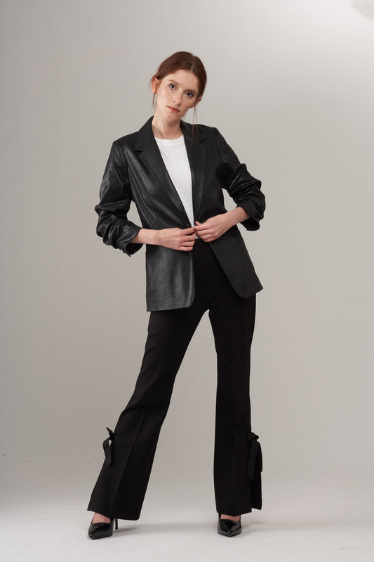 Scruch Sleeve Vegan Leather Blazer