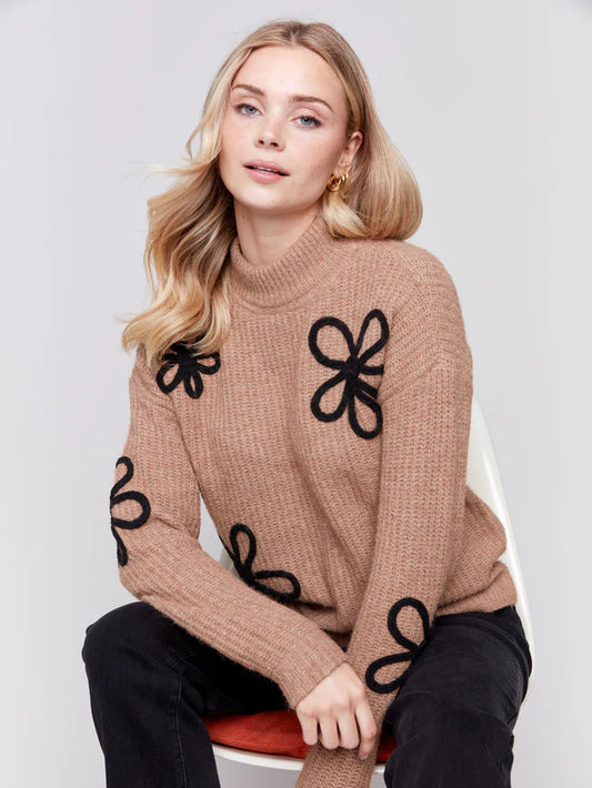Mock Neck Floral Soutache Sweater 985B