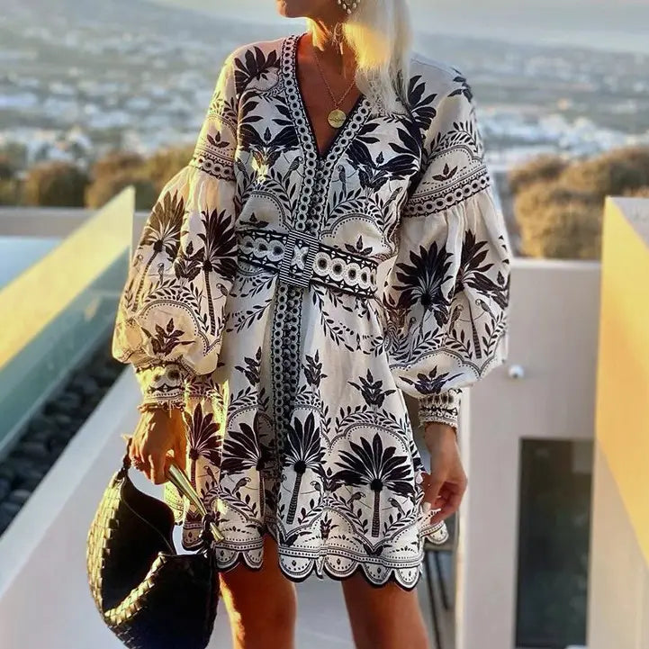 Midi Dress Black/Cream Print