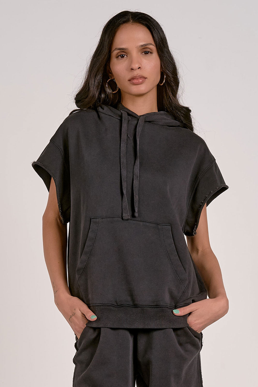 Black Cut Sleeve Hoodie FT11422