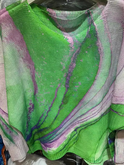 Tie-dye Green Round Knit Sweater