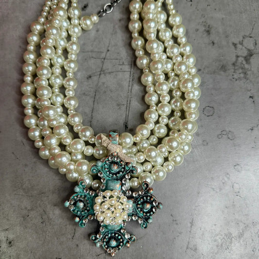 5 Strand Pearl and Turquoise Cross Necklace