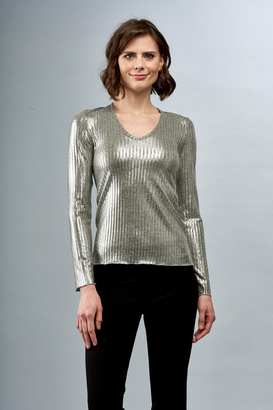 Solid Ribbed Shirt V Neck Long Sleeve in Pewter or Rose Gold BCT7633
