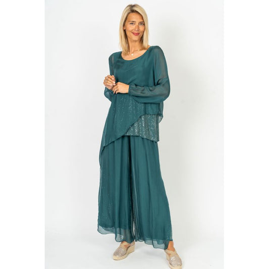 Slik Blouse & Pant Set w/Slit Open Sequins Details