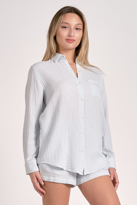 Long Sleeve Button Down Gauze  Shirt