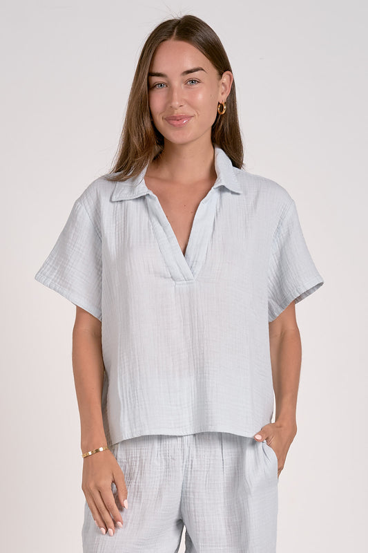 Short Sleeve V Neck Gauze  Top