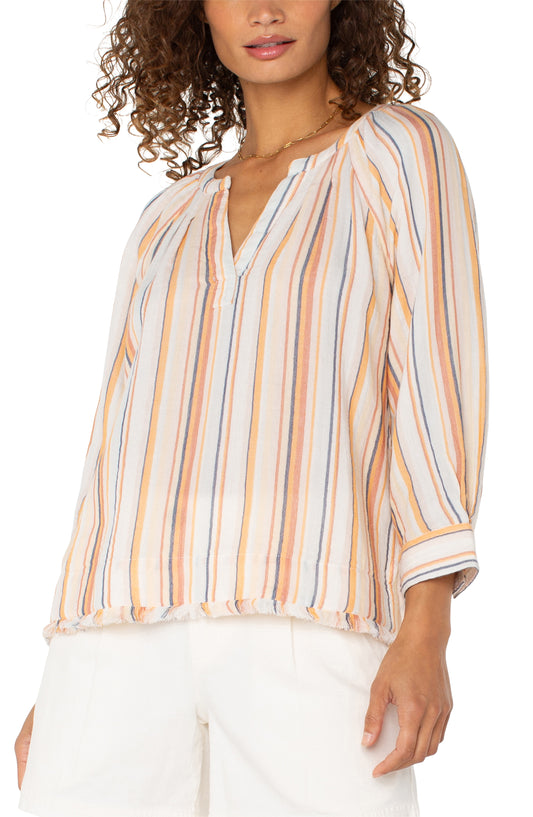 Raglan 3/4 sleeve top with frayed hem